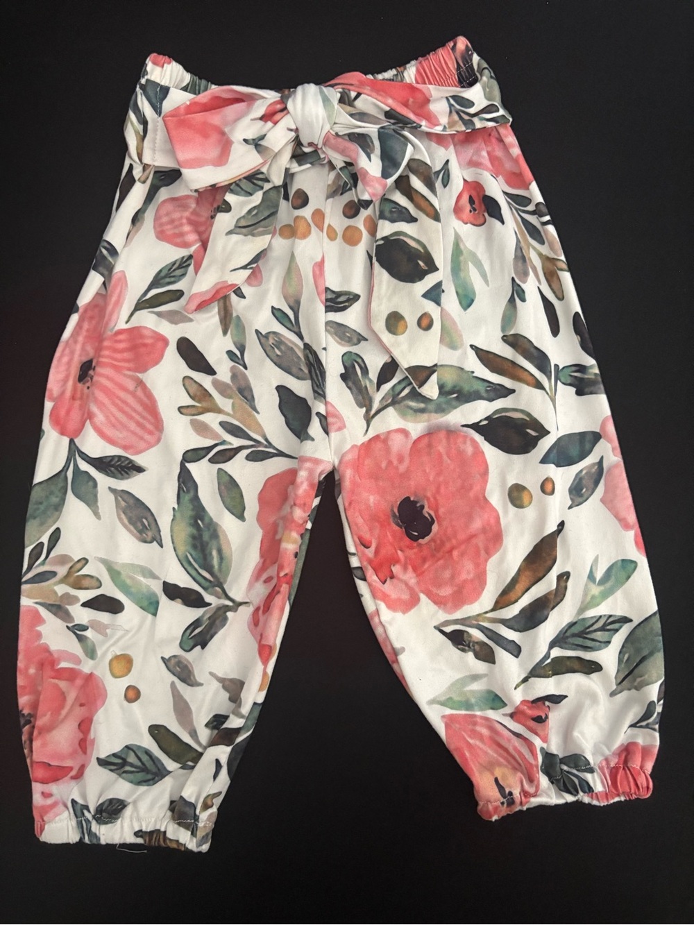 Girls White Floral Paperbag Waist Pants with Coral Print